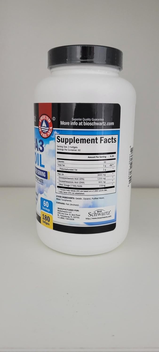 BioSchwartz Triple Strength Omega 3 Fish Oil Supplement with 2250mg EPA and DHA, Lemon, 180 Softgels
