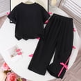 thumbnail image 6 of Karoyedx Toddler Summer Outfits Tween Girls Clothes Short Sleeve Tops and Bowknot Wide Leg Sweatpants Casual Trendy Outfit for Teen Black Size,6-7 Years, 6 of 9