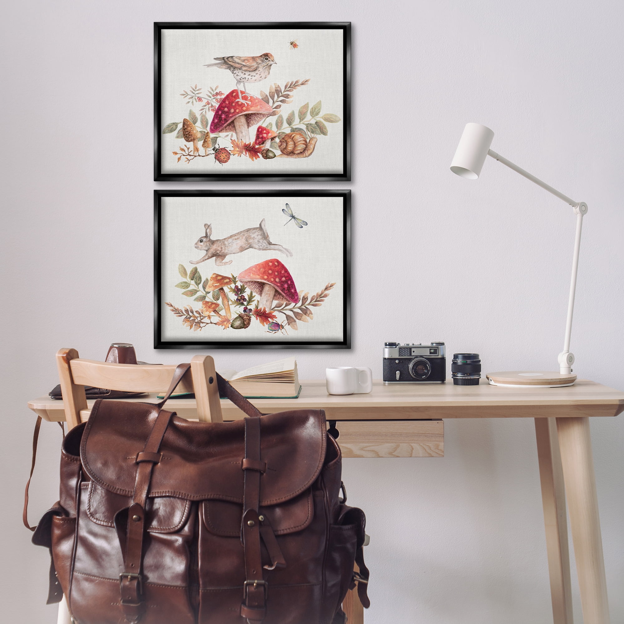 Stupell Industries Woodland Bird Rabbit Mushrooms Plants & Flowers Painting Black Floater Framed Canvas Art Print Wall Art, 21 x 17, Set of 2