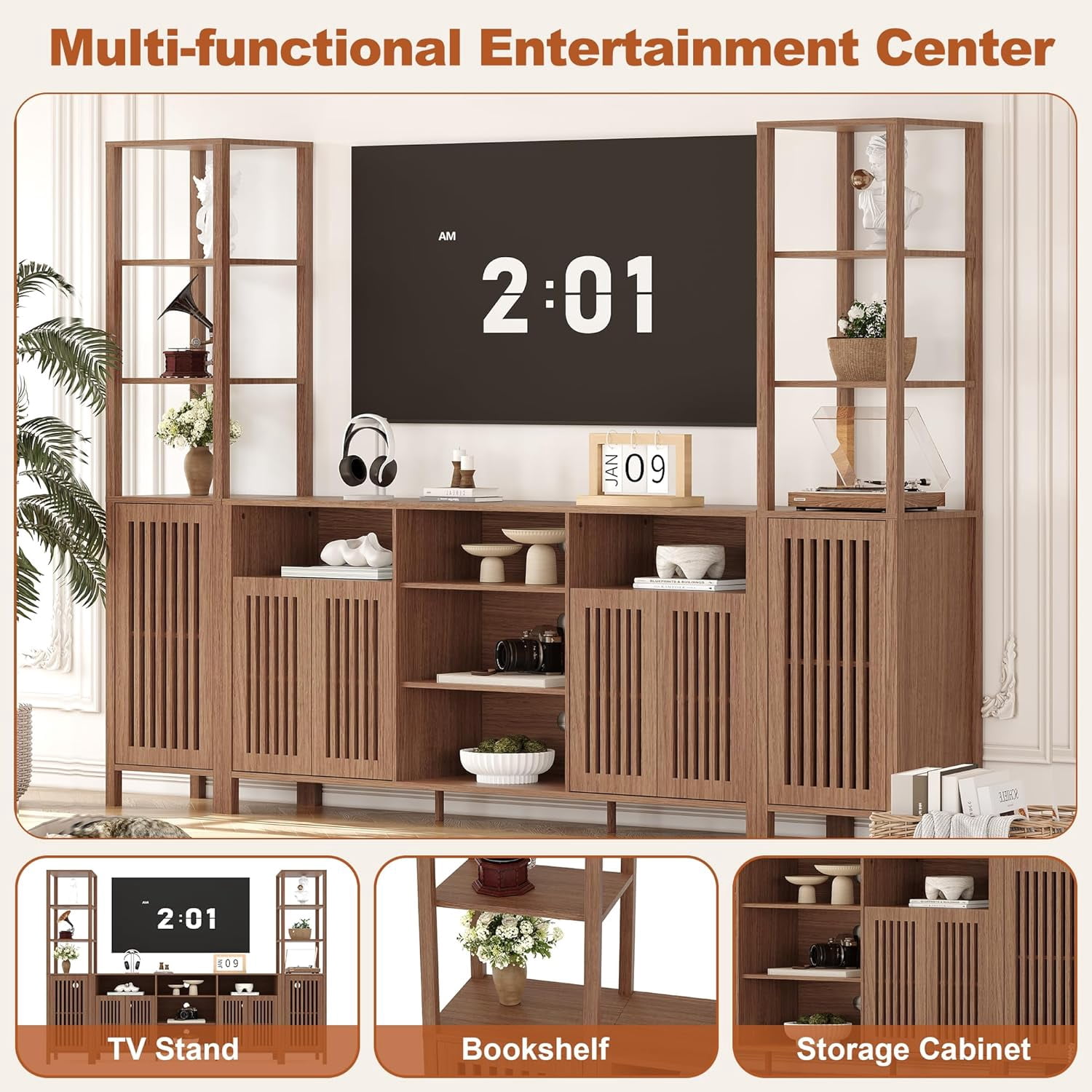 OUTGOODS Farmhouse Entertainment Center for 70" TVs, Engineered Wood, 3-Piece