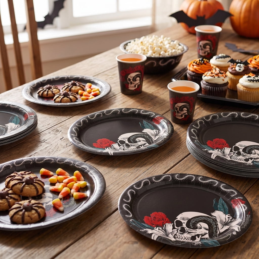 Skull and Roses Oval Disposable Paper Plates, Multicolor, 12" x 10", 8 Count, Halloween by Way To Celebrate