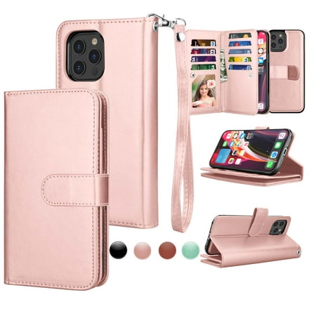 iPhone 12 Case, Wallet Case iPhone Pro 6.1", iPhone 12 PU Leather Case, Njjex PU Leather Magnet Stand Wallet Credit Card Holder Flip Case 9 Card Slots Case for Apple iPhone 12 Pro" 2020 -Rose Gold