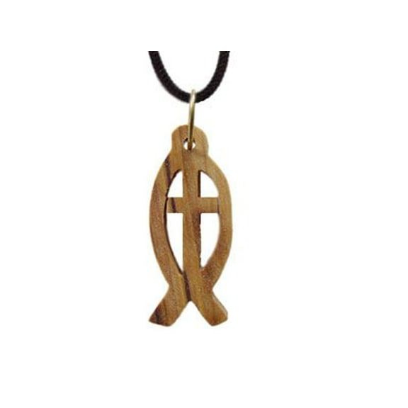 Olive Wood Fish With Cross Pendant (1.3"H)