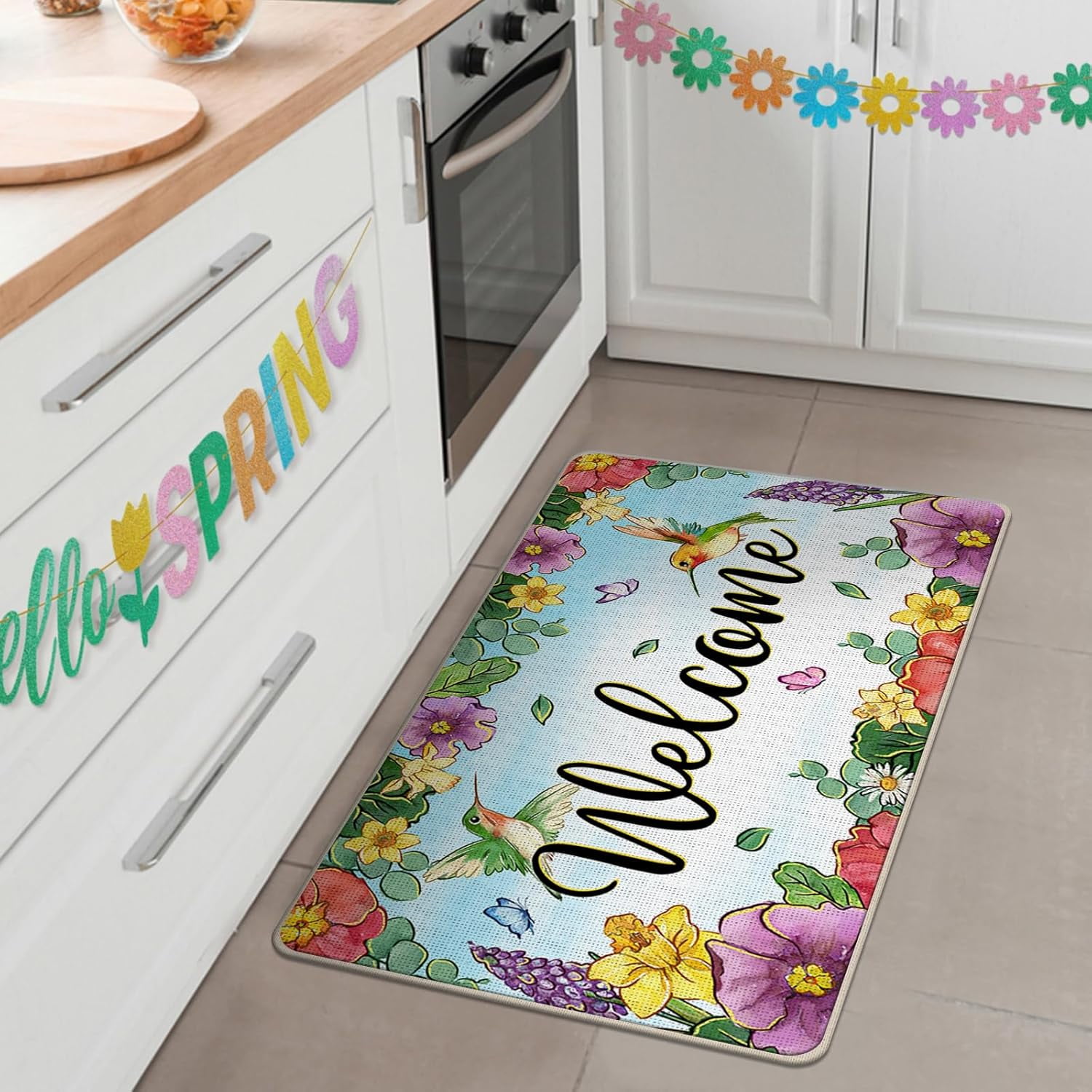 Welcome Spring Summer Flower Decorative Front Door Mat, Hummingbird Morning Glory Floral Doormat Indoor Outdoor Non-Slip Floor Entryway Rug, Daffodil Hyacinth Home Kitchen Decoration 17x29 Inch