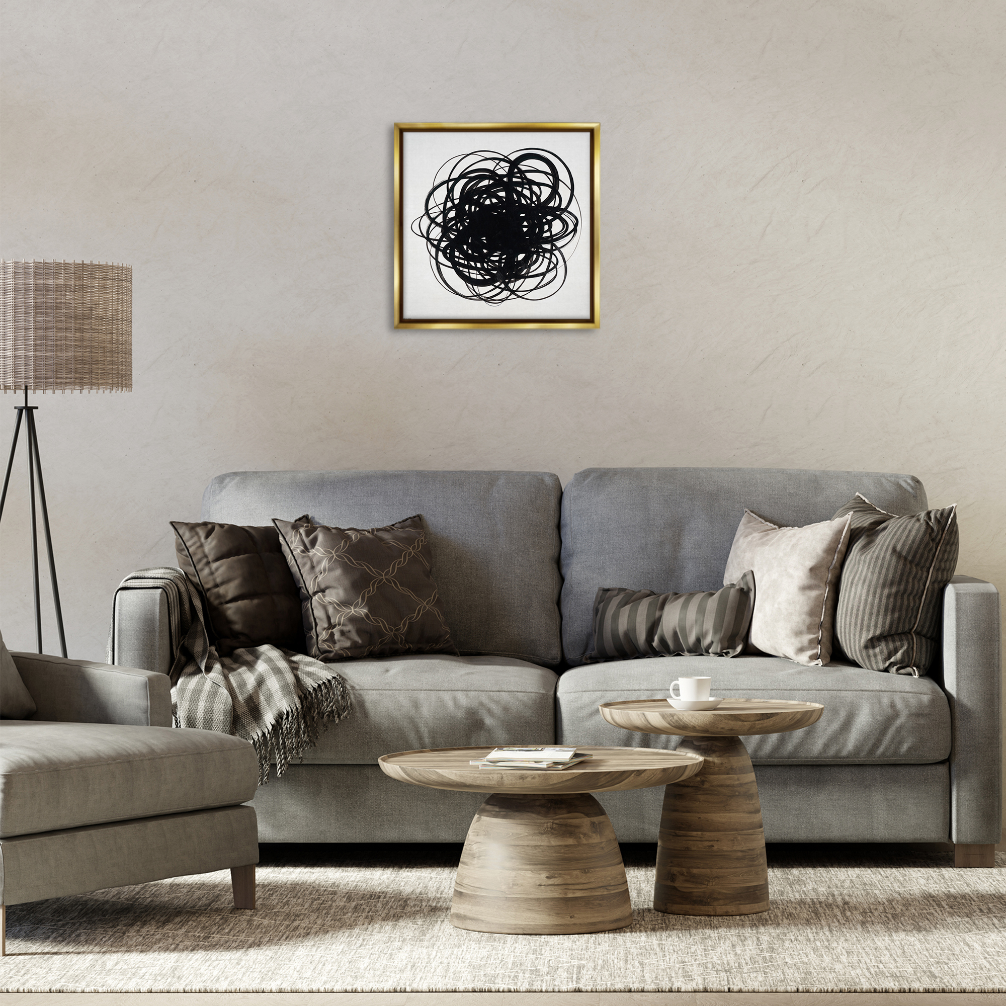 Stupell Industries Black Chaotic Scribble Abstract Painting Gold Floater Framed Canvas Art Print Wall Art, 18 x 18