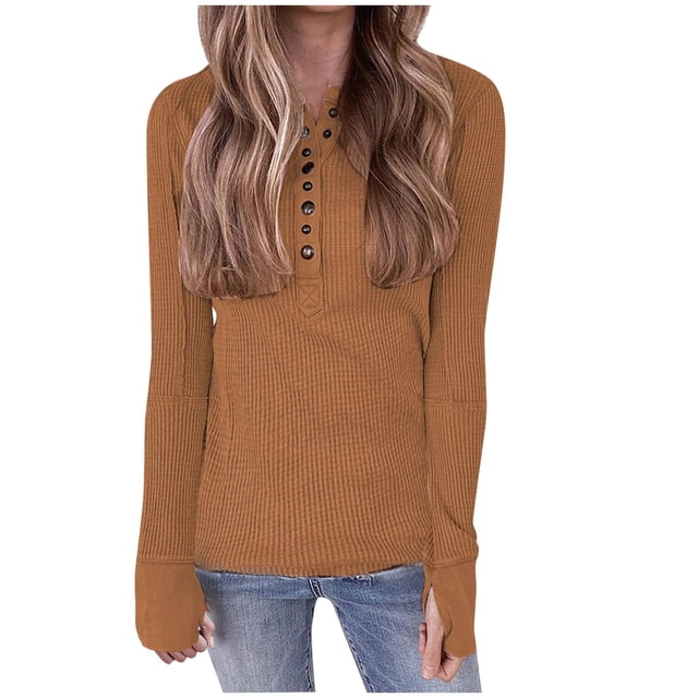Timegard Long Sleeve Tops for Women Knitted Button V Neck Tops Casual Solid Color Lightweight Blouses