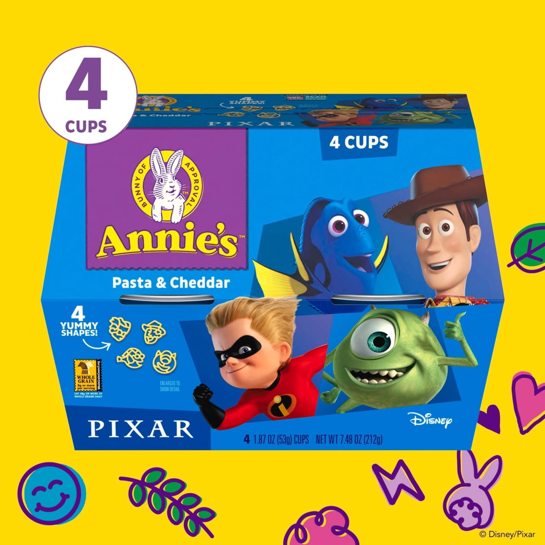 (3 pack) Annie's Disney Pixar Macaroni and Cheese, Microwavable Pasta and Cheddar, 4 Cups, 7.48 oz
