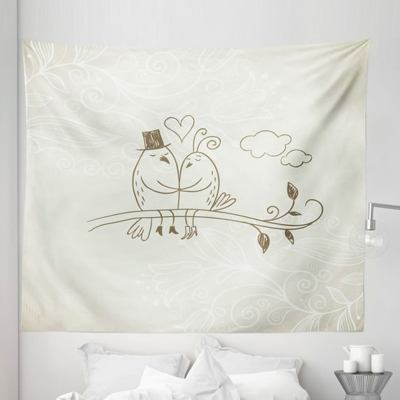 Valentine's Day Tapestry, Celebration Romantic Hand Drawing of a 2 Birds on Branch in Love Husband Wife, Fabric Wall Hanging Decor for Bedroom Living Room Dorm, 5 Sizes, Grey White, by Ambesonne