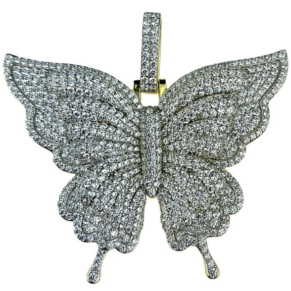Real 925 Sterling Silver w/Gold Finish Flooded Micro Pave Iced Bling Butterfly Pendant Large 2.5" Inch