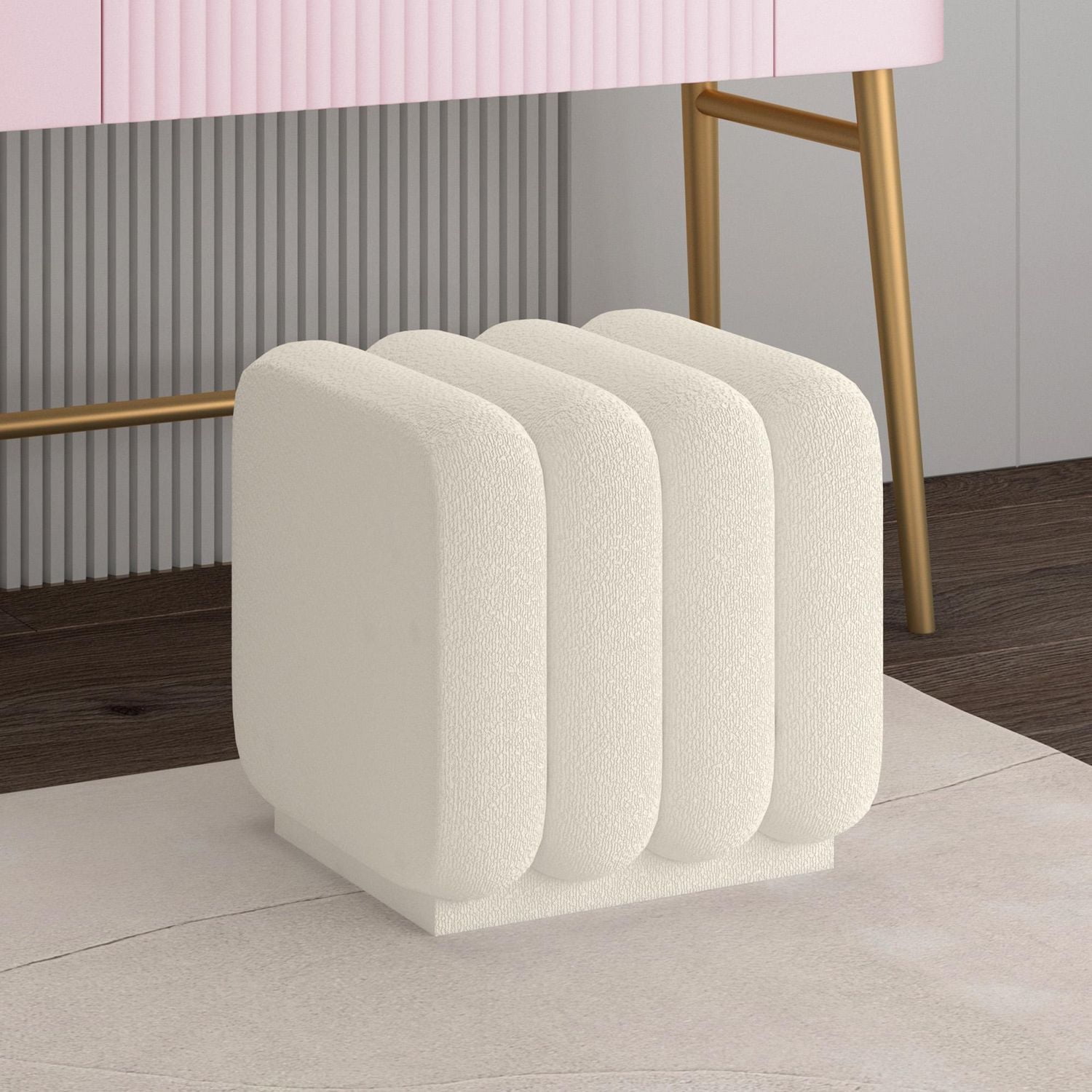 Contemporary Boucle Fabric Small Square Ottoman - Ivory