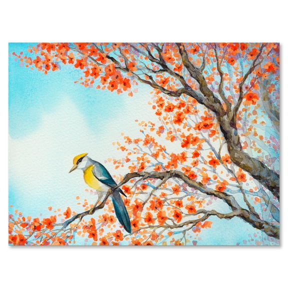 Designart ' Beautiful Orange Bird Sitting On Flowering Branch ' Traditional Canvas Wall Art Print