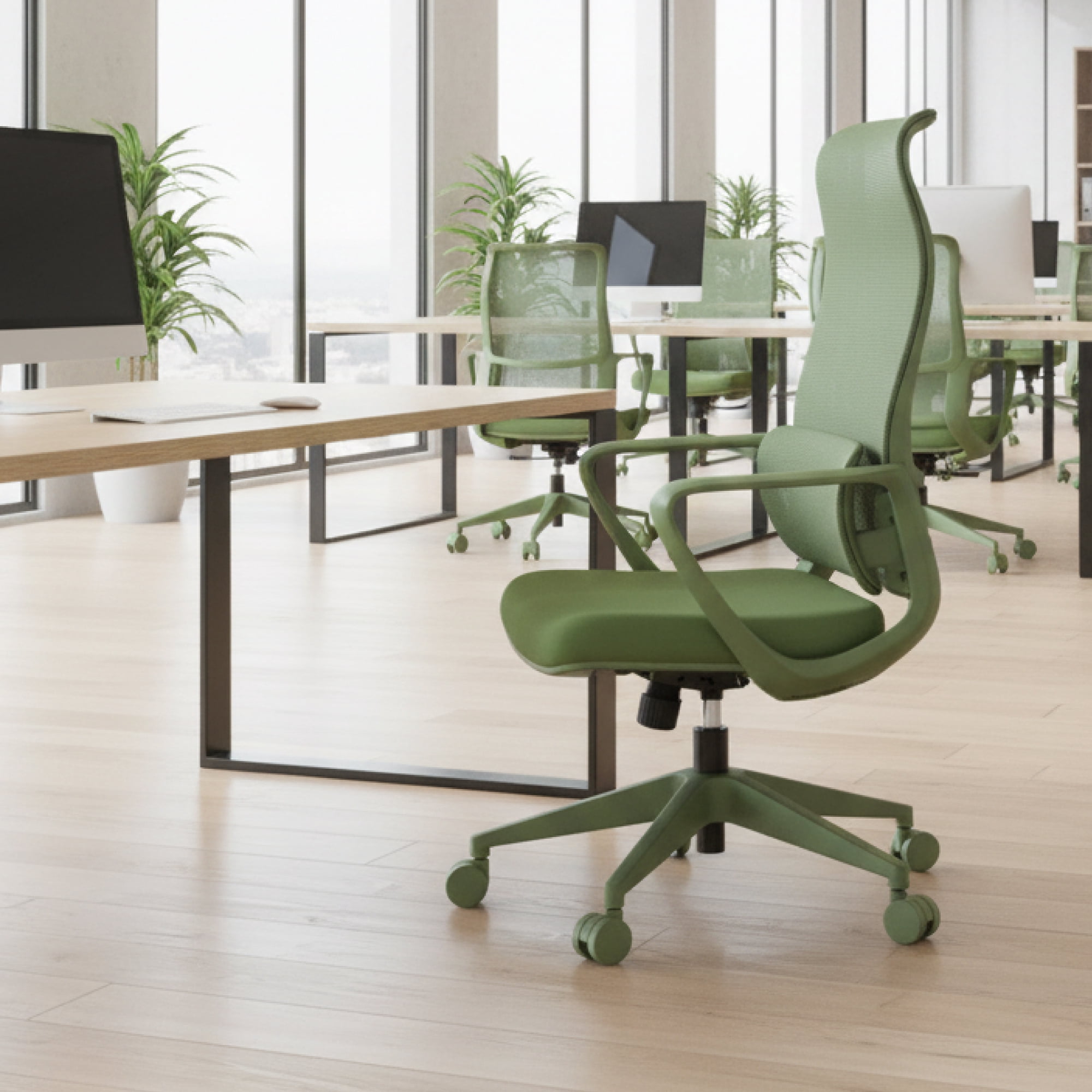 Ergonomic High Back Office Chair with Adjustable Lumbar Support & 3D Armrests, Modern Swivel Executive Task Chair for Conference Room, Green