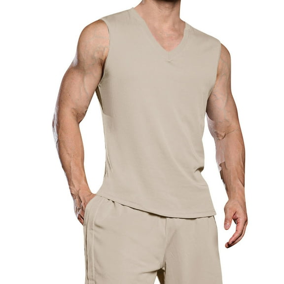 RYRJJ Men's Casual Tank Tops Sleeveless V Neck T Shirts Gym Shirts for Workout Summer Beach Tanks(Beige,3XL)