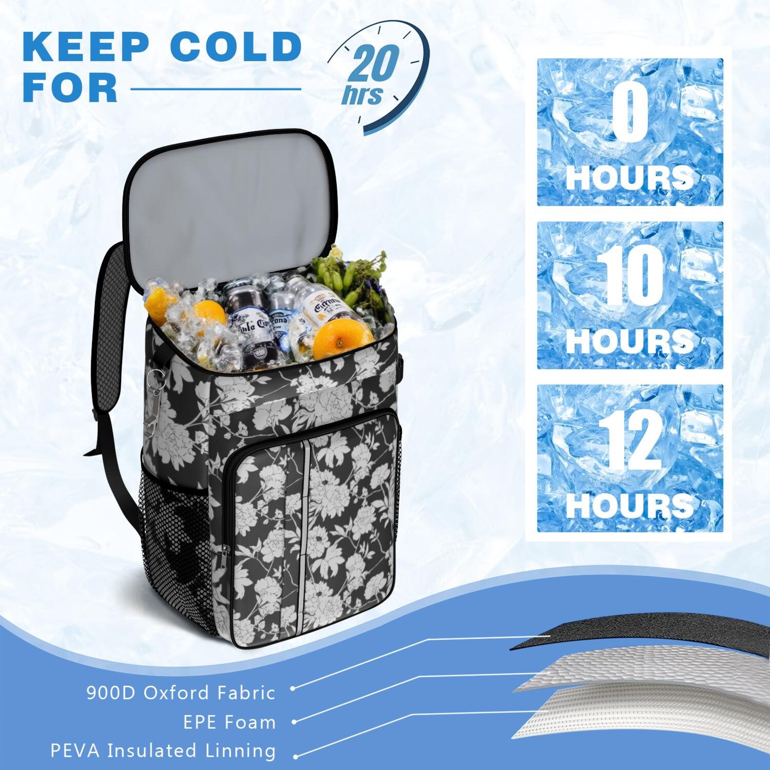 Travel Cooler Bag - Pioneer Flower Floral Print Pattern Camping Beer Cooler Backpack with Bottle Opener- Waterproof Insulated Picnic Backpacks - Cooler Bag for Beach