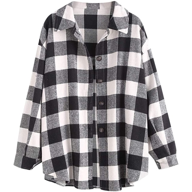 Women's Plaid Long Sleeve Button Down Wool Blend Shirt Jacket Blouse