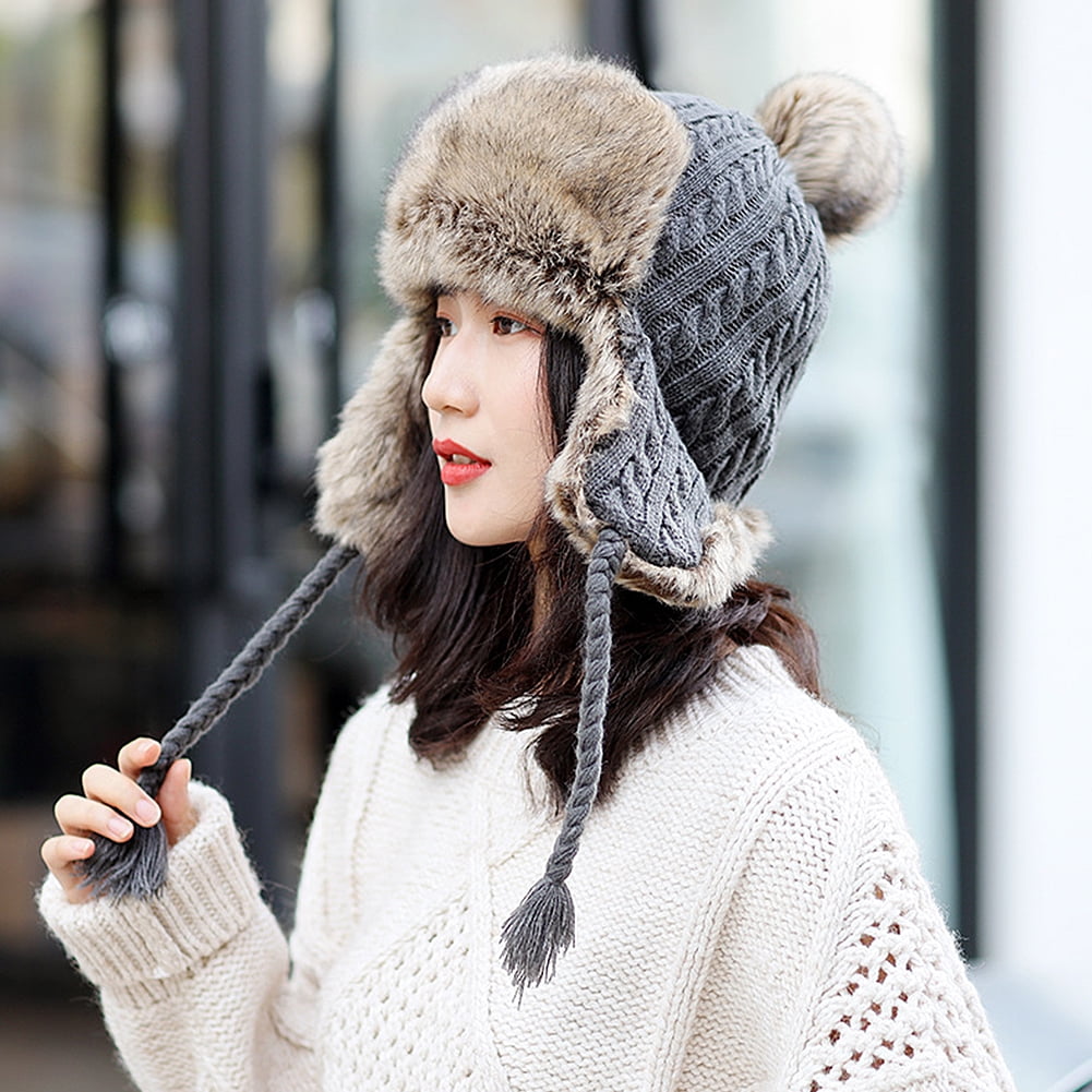 Women Trapper Hats Winter Warm Faux Fox 