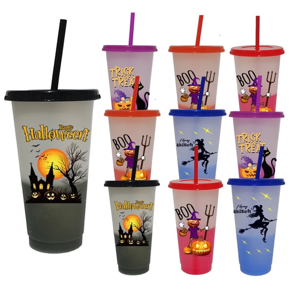 10 Pack 24oz Halloween Color Changing Cups with Lids and Straws, Halloween Party Cups, 710ml Plastic Bulk Trick or Treat Cups