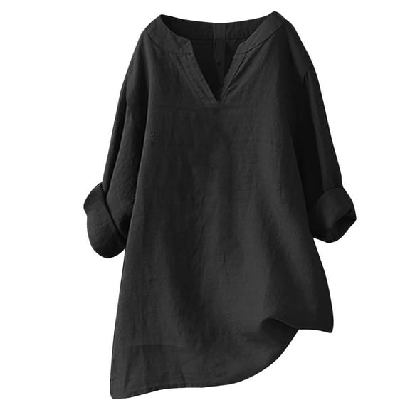 YEJIMAN Black Plus Size Tunic Tops, Polyester,cotton T-Shirts For Women, Women's Solid Color Stand up Collar Cotton Linen Long Sleeved Shirt