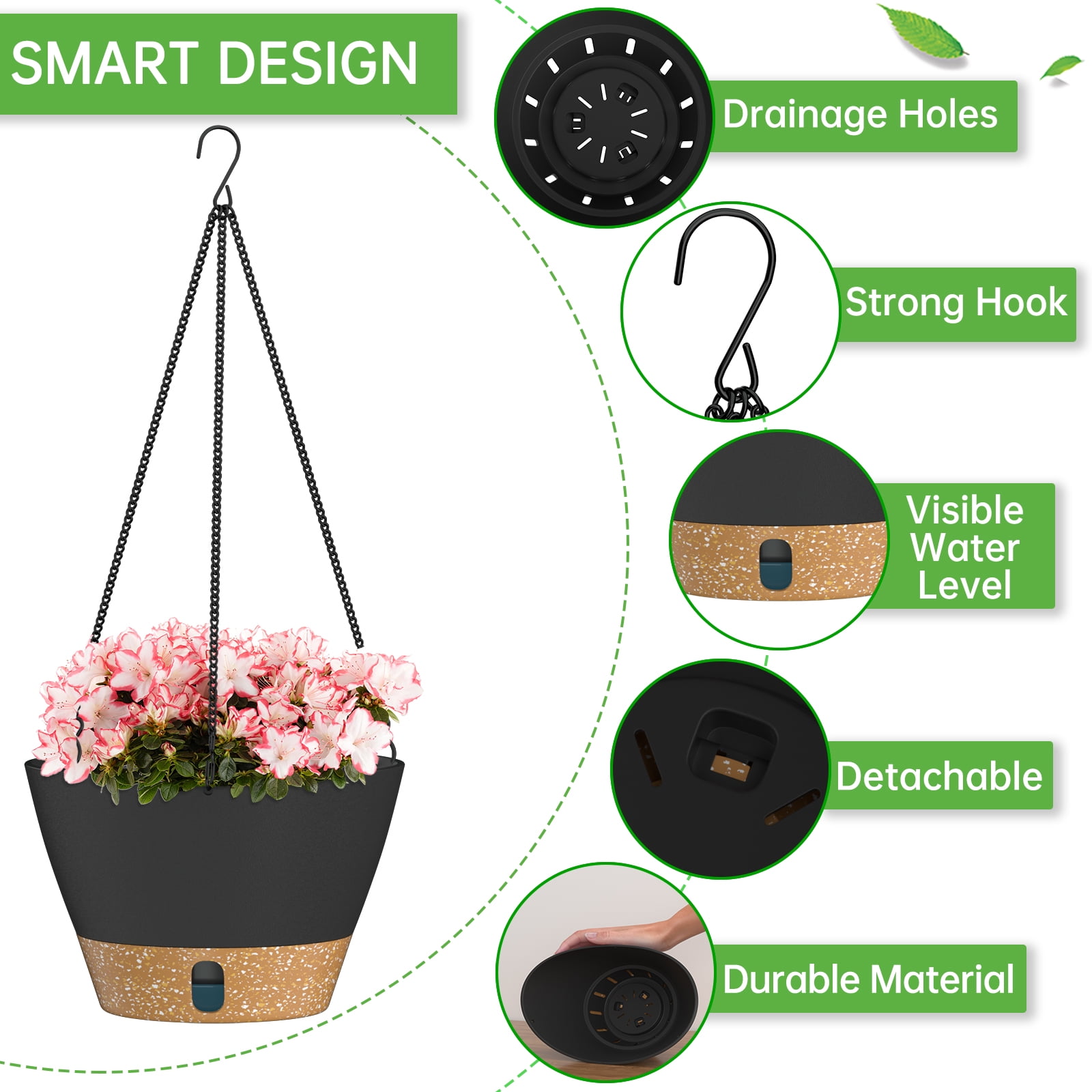 FIASON 2 Pack 8 Inch Black Gray Self Watering Hanging Planters, Indoor Outdoor Plastic Flower Pots with Visual Reservoir, Drainage Holes & Chain Hanger for Home Garden Decor