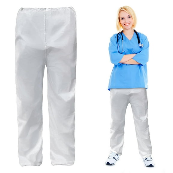 White Disposable Scrub Pants, Large. Pack of 10 Disposable Scrubs for Women and Men. Waterproof Microporous Polypropylene Pants. Hospital Scrubs Unisex with Elastic Waist & Open Ankles