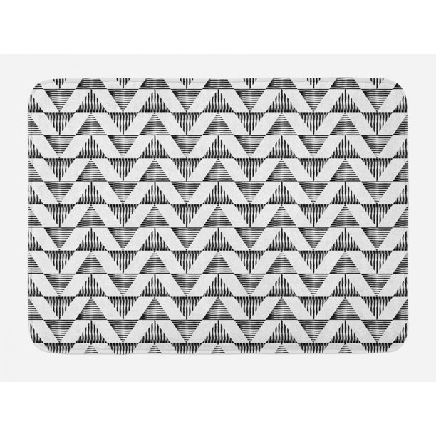 Black and White Bath Mat, Striped Triangles Up and Down in Scribble Style Ethnic Boho