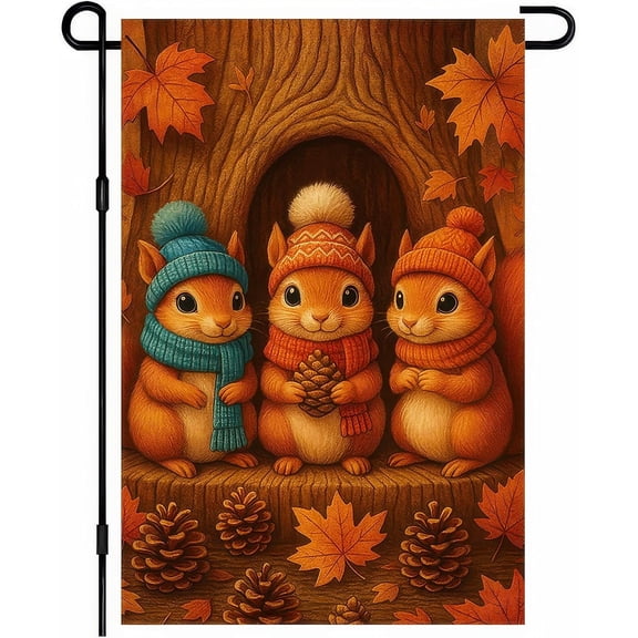 Thanksgiving Fall Garden Flag 12x18 Inch Welcome Squirrel Double Sided Outdoor Autumn Yard Banner with Pinecones and Leaves for Porch Lawn Patio Seasonal Decor
