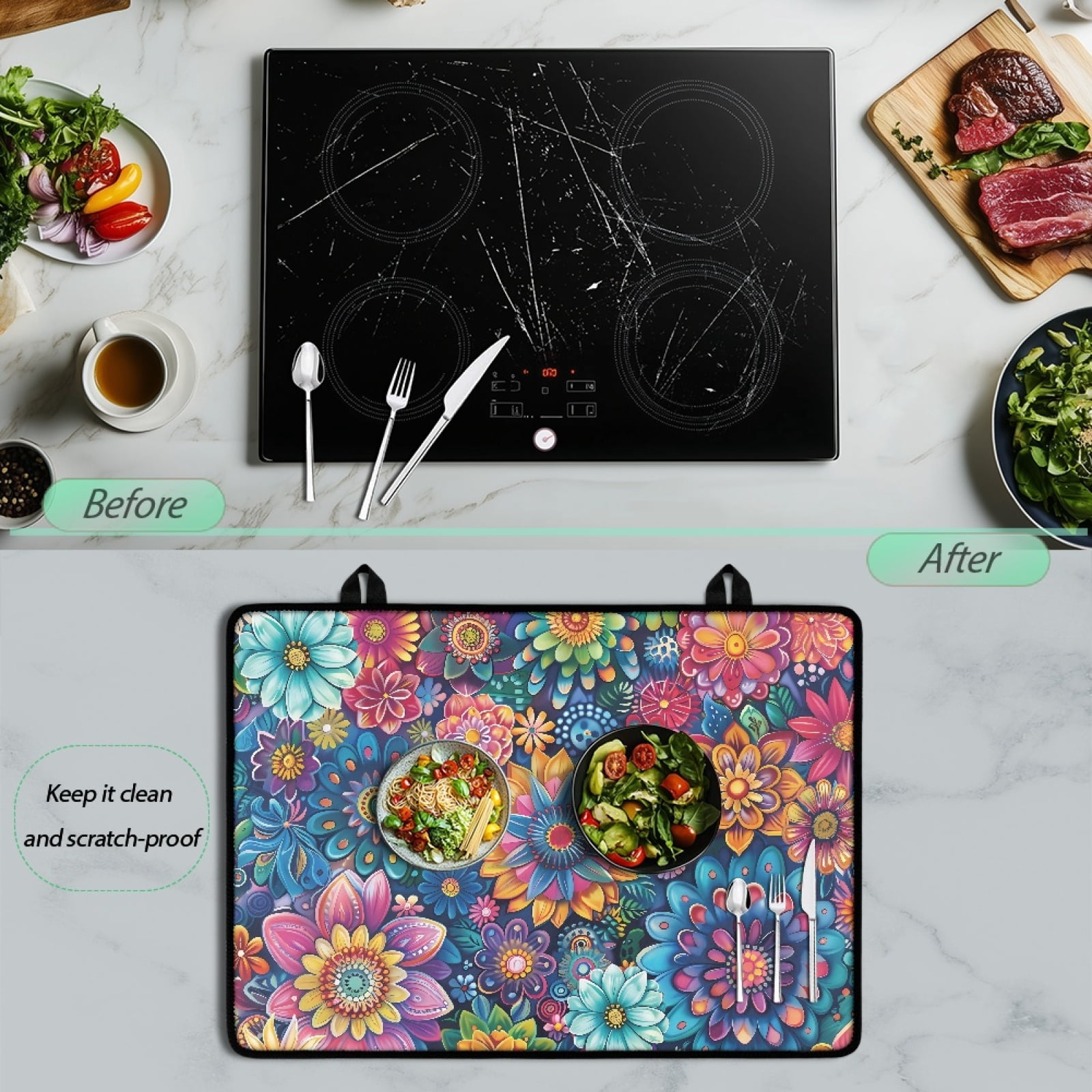 Renewold Stove Cover for Stove Top, Ceramic Stove Top Cover Mat Scratch Resistant Oil Resistant Stovetop Cover Oven Mat Protector for Kitchen Decor, Bohemian Flower Dark Blue