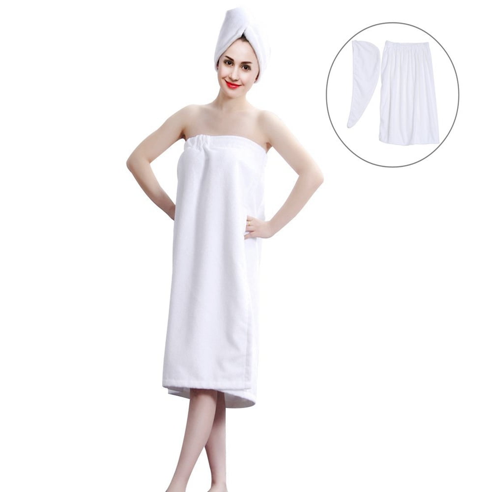 Women Soft Spa Bath Body Wrap Set Towel Bathrobe With Fast Dry Hair Drying Cap.