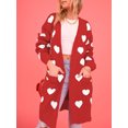 thumbnail image 2 of GXFC Women Valentine's Day Cardigan Open Front Duster Sweater Ladies Heart Print Long Knitted Pullover Warm Knit Chunky Cable Coat Loose Casual Outerwear with Pocket Spring Fall Knitwear Streetwear, 2 of 8