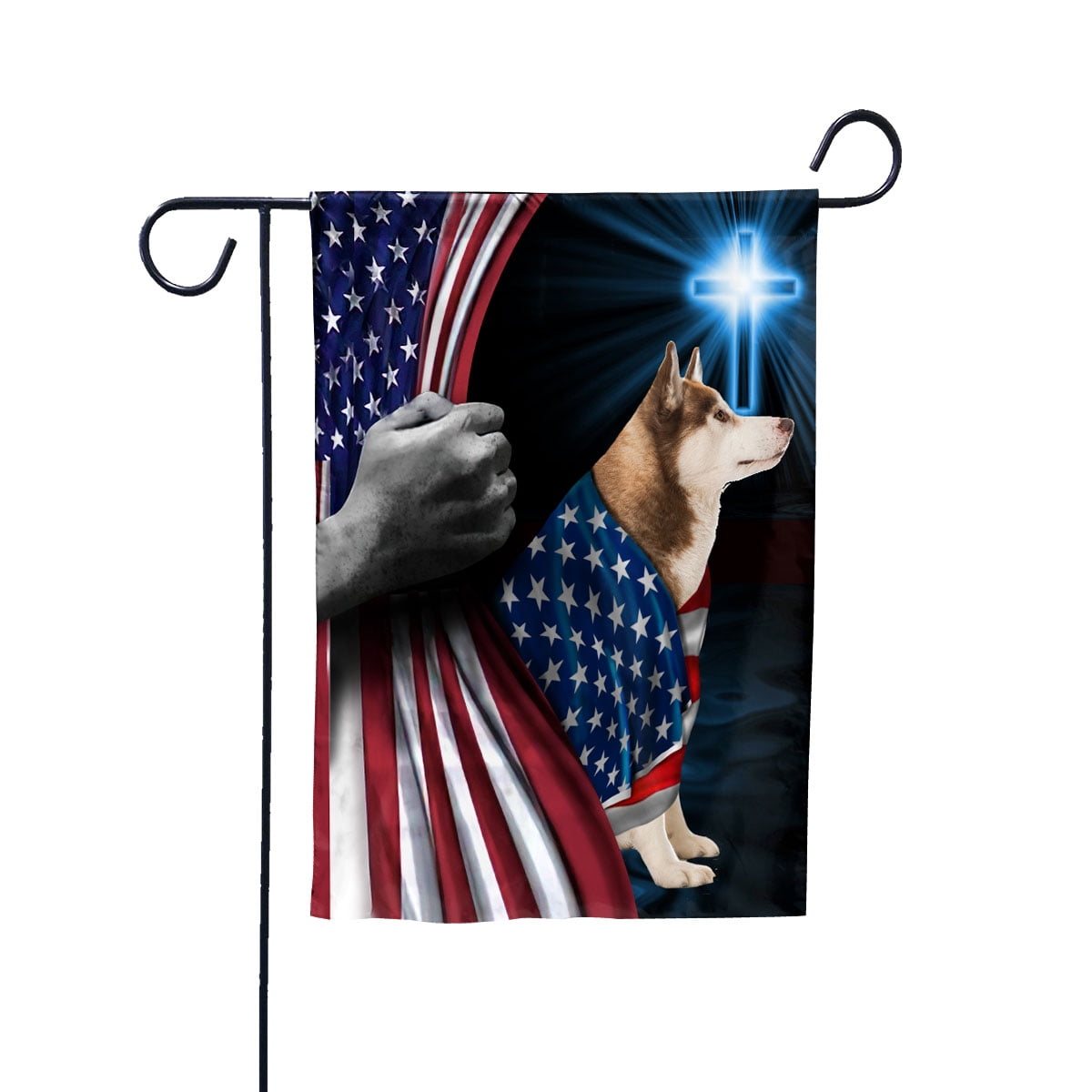 Hand Pulling USA Flag Husky Dog Wearing Flag American Standing under Cross Christian Patriotic House Flag (3x5) Double Sided- Premium Polyester-Decorative Indoor Outdoor Flag