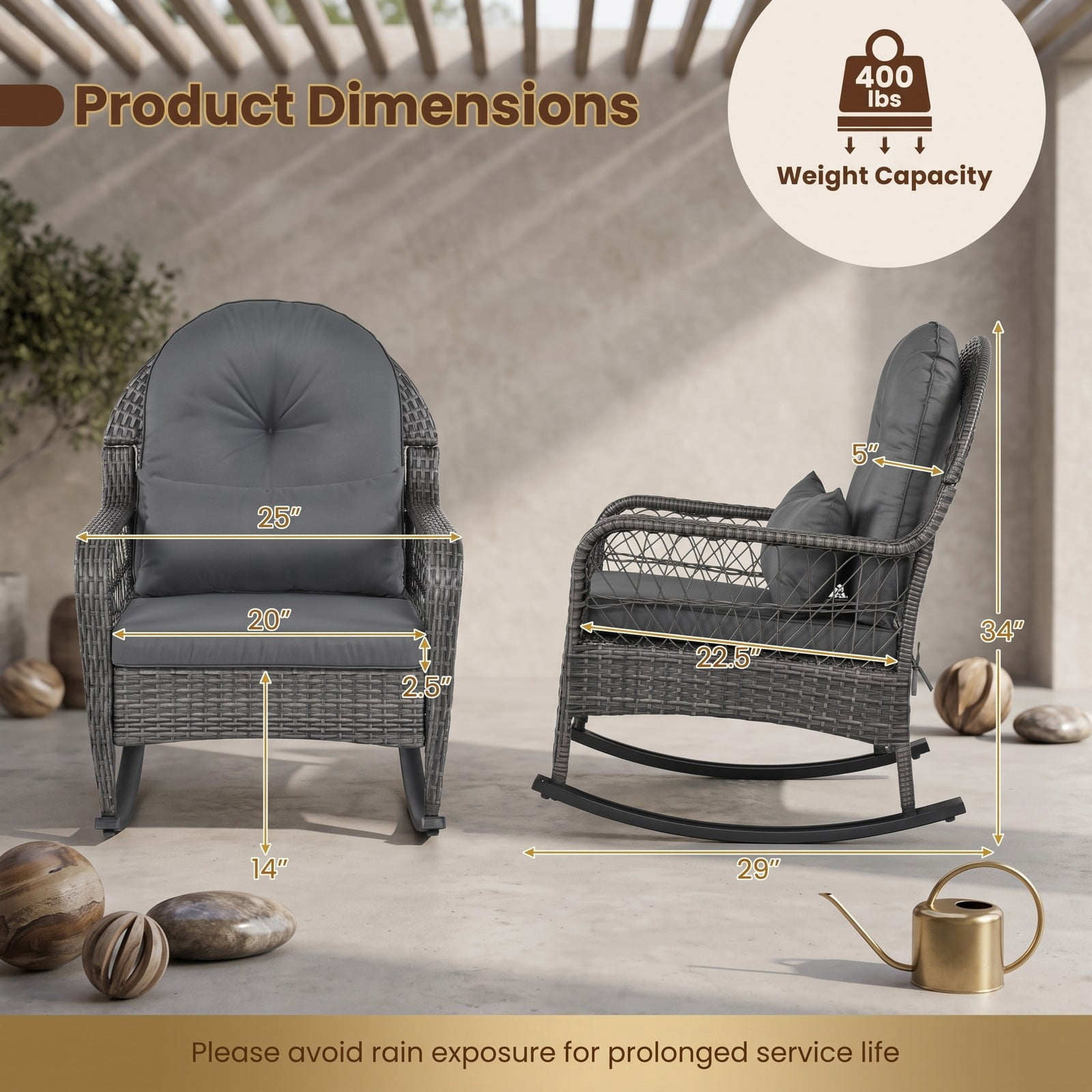 Furnibear 400 LBS Patio Rattan Rocker Chair, Outdoor Glider Rocking Chair with Anti-Tip Stoppers, Thick Seat & Lumbar Cushions, Ergonomic PE Wicker Porch Chair, Gray