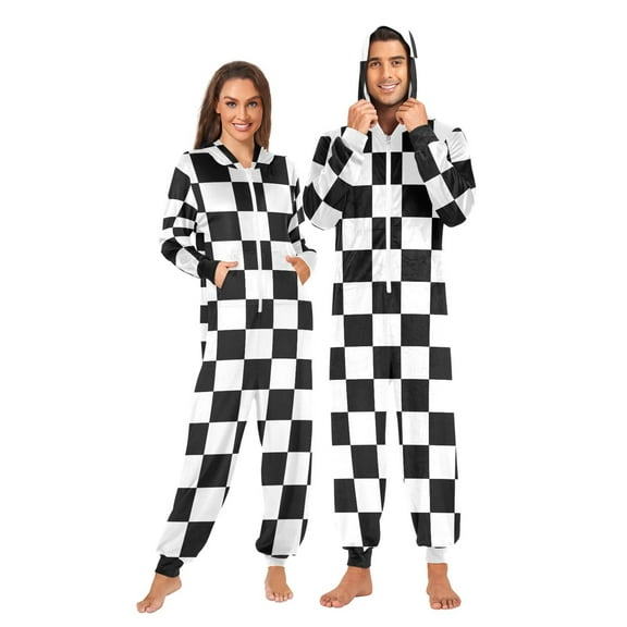 ALAZA Unisex Adults Onesie Pajamas White and Black Checkered Grid Art Pattern Sleepwear Jumpsuits One Piece M