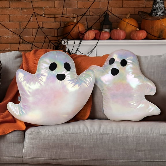 Sunlit 19.6"Iridescent Ghost Decorative Throw Pillow Set of 2,Ghost Shaped Throw Pillows, Halloween Decorations, Halloween Pillows for Holiday Party Home, Decor for Living Room Bedroom, Rainbow White