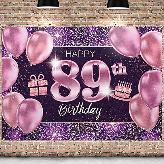 PAKBOOM Happy 89th Birthday Banner Backdrop - 89 Birthday Party Decorations Supplies for Women - Pink Purple Gold 4 x 6ft