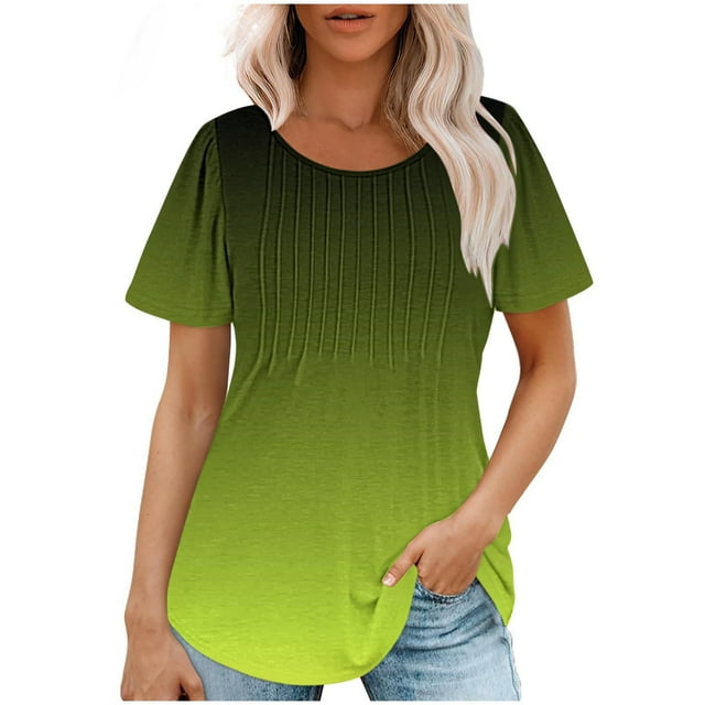 Plebaso Hauts pour Femmes Été Manches Courtes Col Rond Tunique Habillée Ample Mode Dégradé de Couleur Blouses