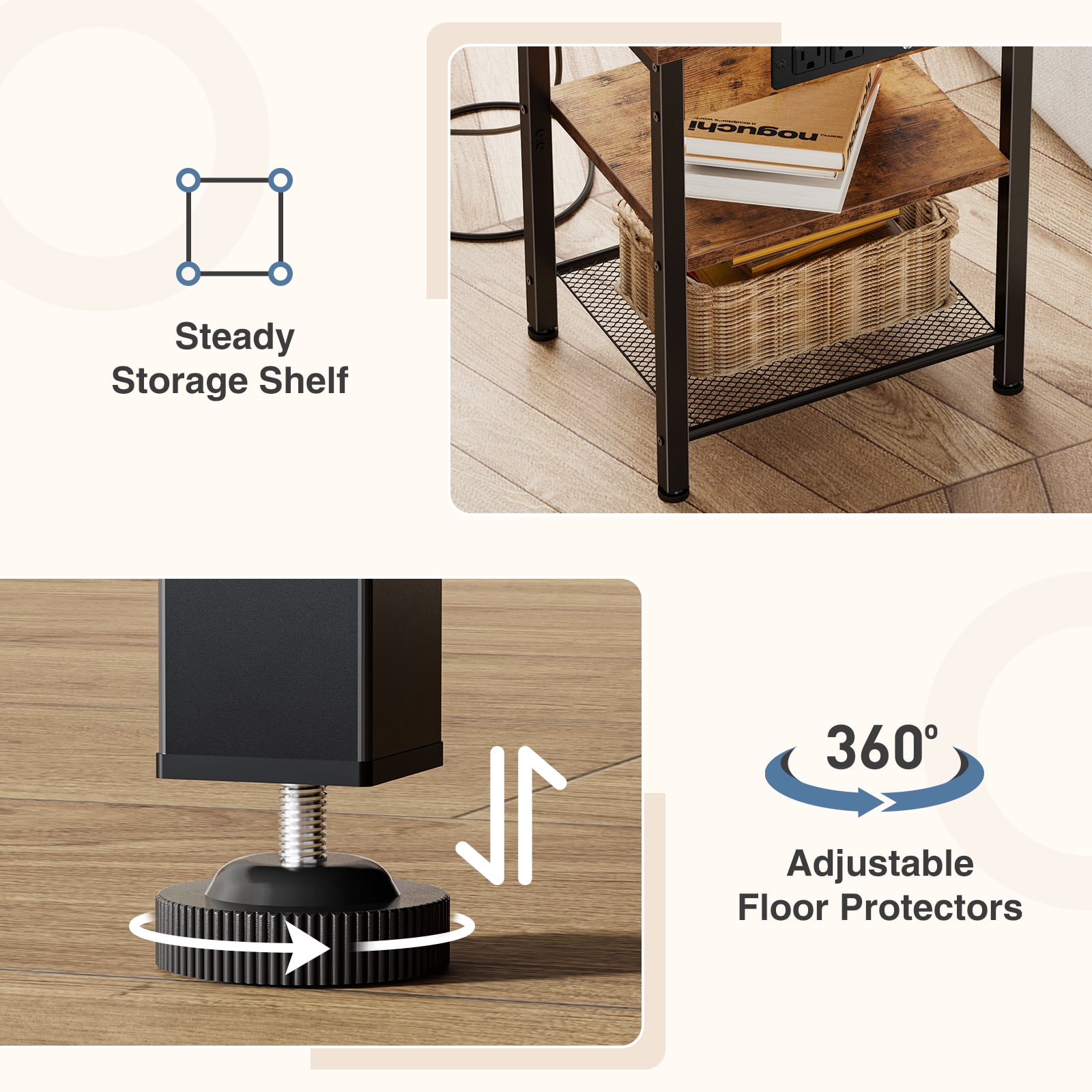 CONCETTA 3 Tier Nightstand with Charging Station, Bedside End Table for Bedroom Living Room, Rustic Brown