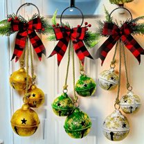 Dserfhy Christmas Bell Decoration 17.7" Hanging Jingle Bells with Plaid Bow Pine Needles Red Berries Rustic Holiday Decor for Door Wall Fireplace Christmas Tree Wreath
