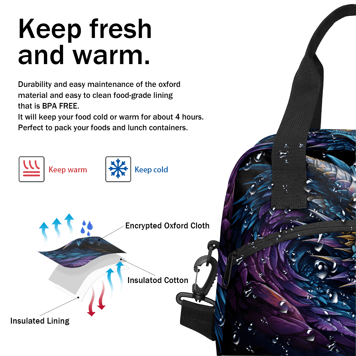 Herdesigns Cool Dragon Insulated Lunch Bag for Women Men Adults Large Reusable Lunch Box Leakproof Portable Cooler Tote Bags with Adjustable Shoulder Strap