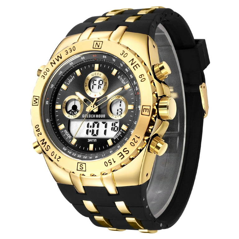 GOLDEN HOUR Military Sports Mens Watches Large Size Big Gold Dial 3ATM Waterproof Stopwatch Alarm Digital Analog Wrist Watch with Black Rubber Band