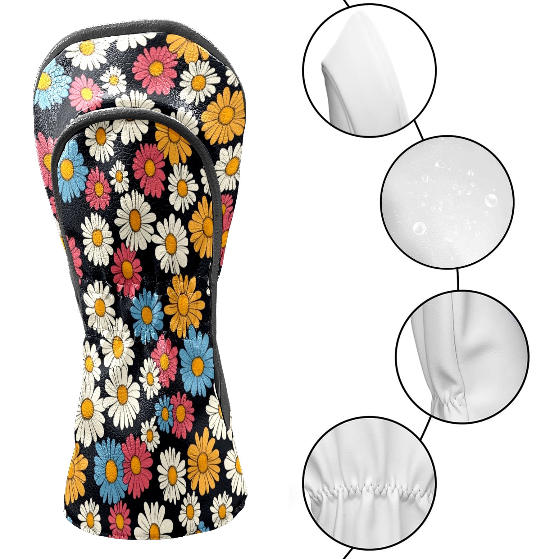 Golf Club Covers PU Leather Waterproof Head Covers for Fairway Woods Hybrids Colorful Daisies Unisex Fits Most Brands