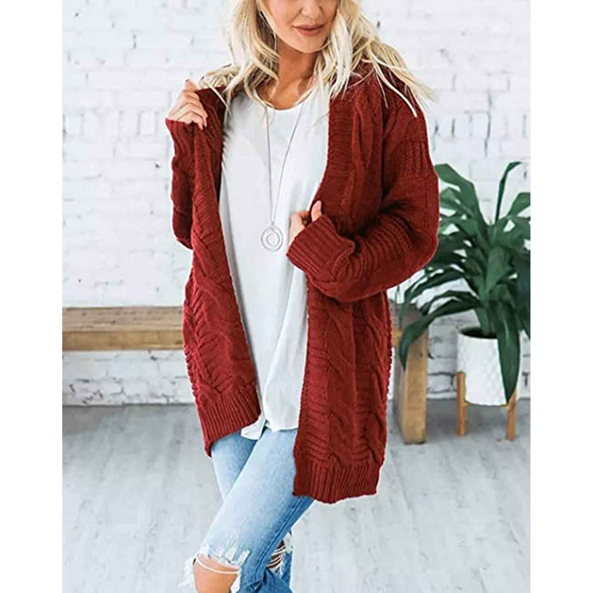 NETSENGWomen's Loose Open Front Knit Cardigan Sweaters Long Sleeve Outwear  No Pockets Rust Red X-Large