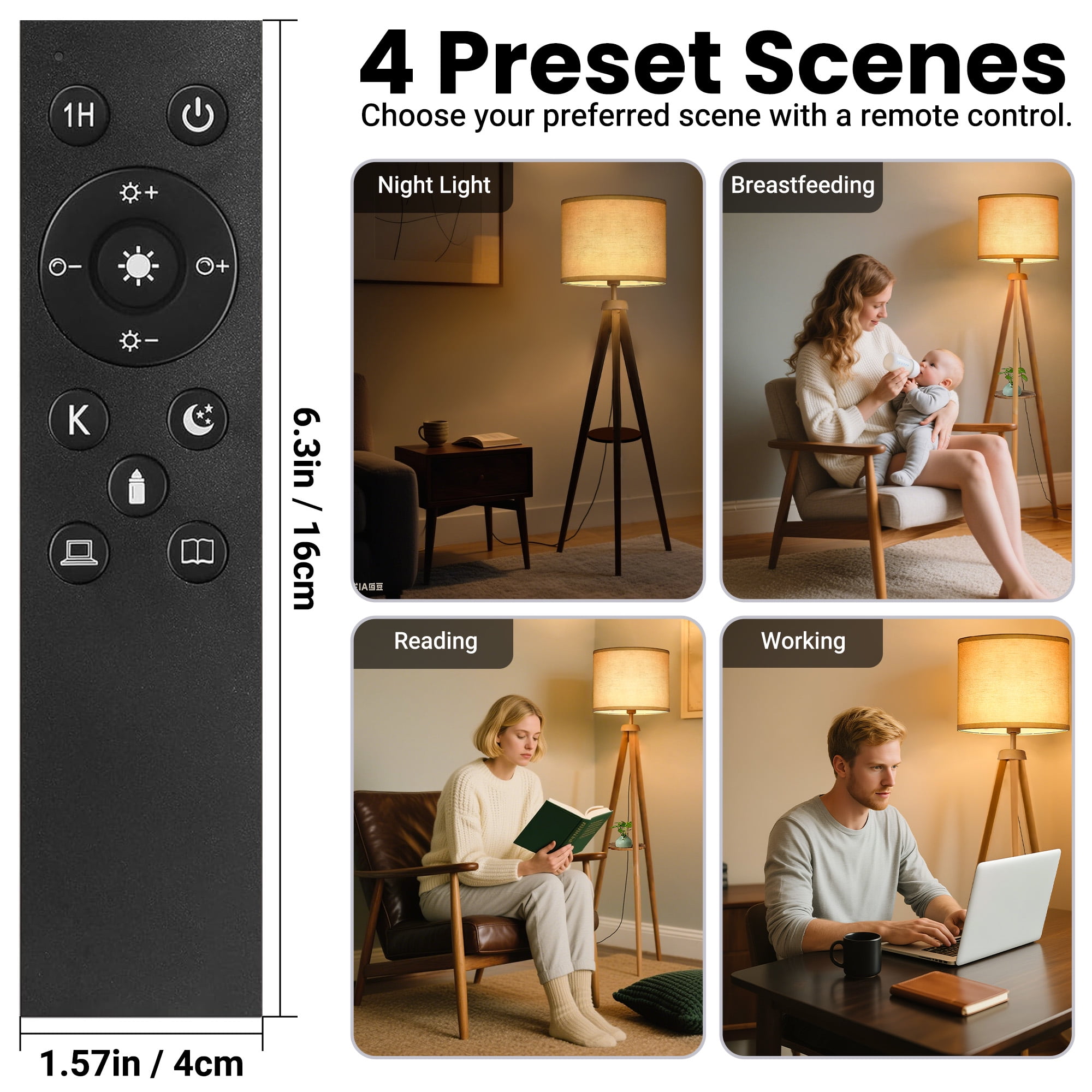 DAYBETTER Floor Lamp for Living Room, 63'' Wood Tripod Floor Lamp with Shelves, 3 Color Temperature, Dimmable, Remote Control Standing Lamp for Living Room, Bedroom, Office, LED Bulbs Included