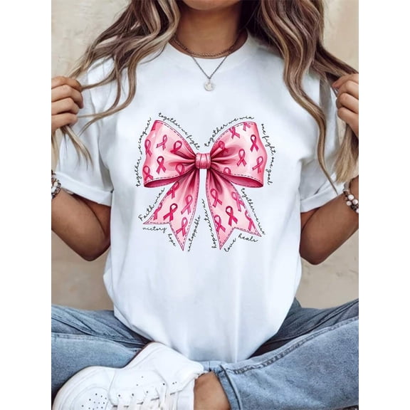 Breast Cancer Awareness, Pink Ribbon T-Shirt - Women's Crew Neck Short Sleeve Top, Machine Washable Casual Summer T-Shirt, Breast Cancer Awareness Item 220g