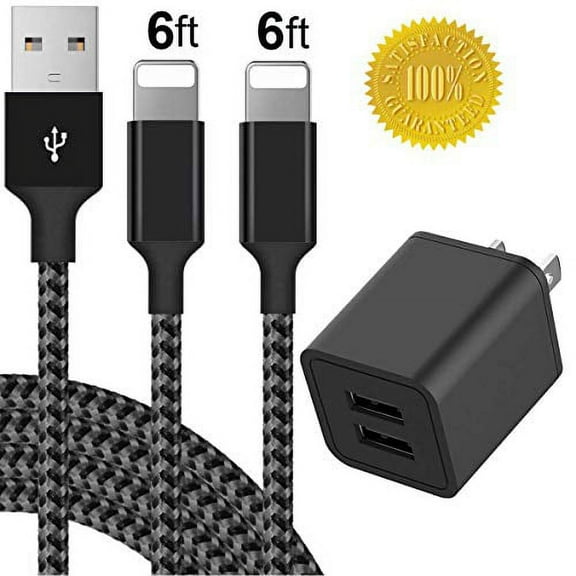 Chargers 12W USB Power Adapter Wall Charger 2.4A 2-Port Fast Charge Plug with 2-Pack 6FT 2M Nylon Braided Charger Cable Cord Compatible for Phone 8 / X / 7 / 6S / 5 / SE Plus   Tablet
