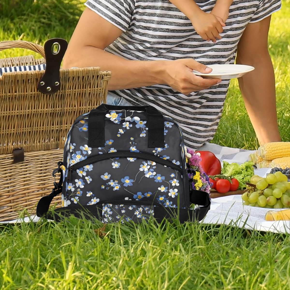 Herdesigns Blue Wildflowers Insulated Lunch Bag for Women Men Adults Large Reusable Lunch Box Leakproof Portable Cooler Tote Bags with Adjustable Shoulder Strap