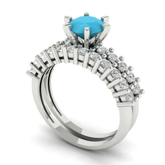 Clara Pucci 14K White Gold 1.66 Simulated Turquoise Engraveable Engagement Ring Wedding Band Set
