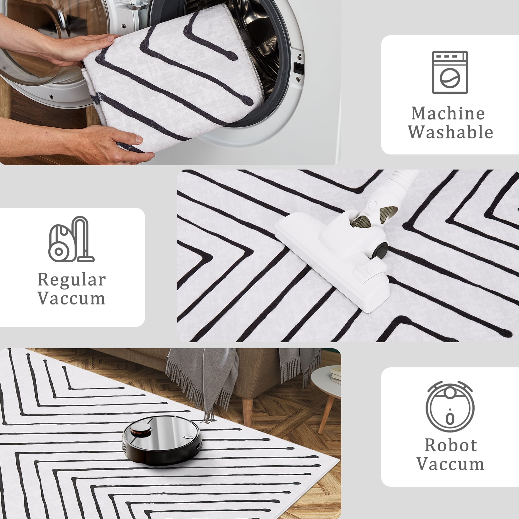 HIWEAVER Modern Geometric Striped Pet Friendly Area Rug for Living Room Washable 5' x 7' Neutral Indoor Decor Carpet, White/Black