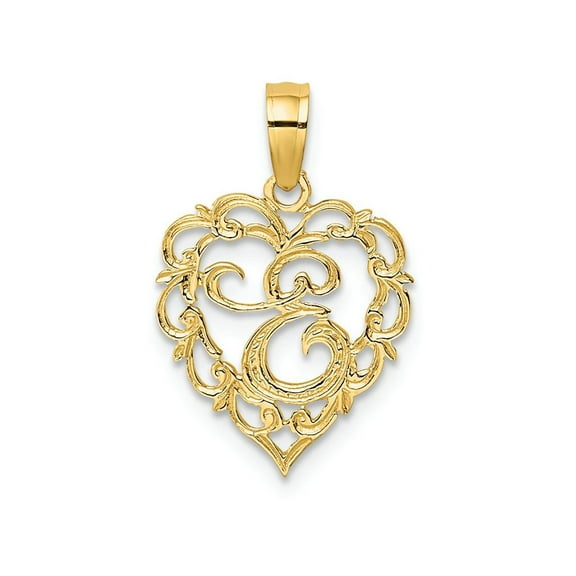 14K Yellow Gold Heart Shape Fancy Script Letter E Initial Charm Pendant