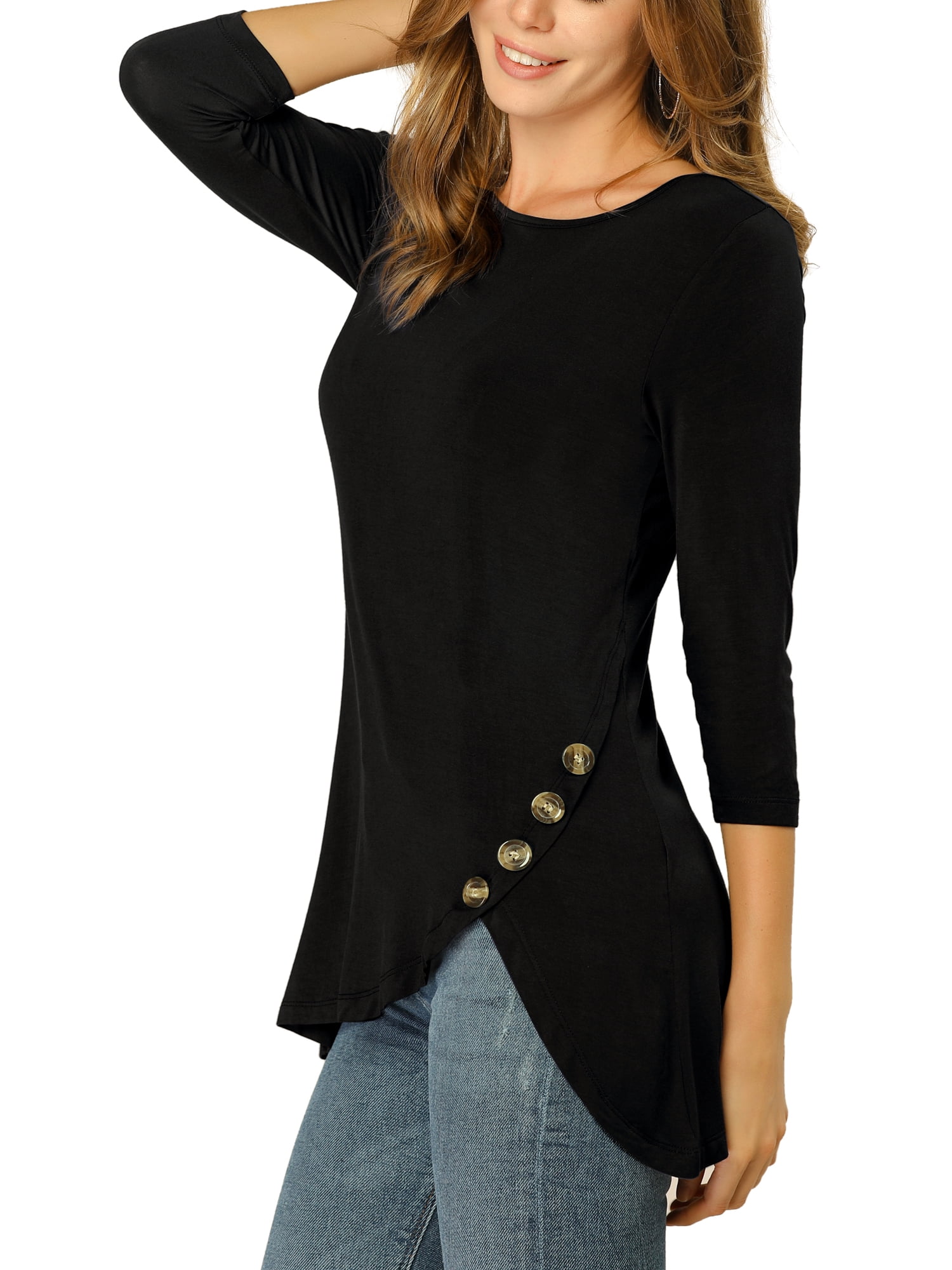 DARING DIVA Women's Casual Stretchy Tunic Asymmetric Hem Top XL Black
