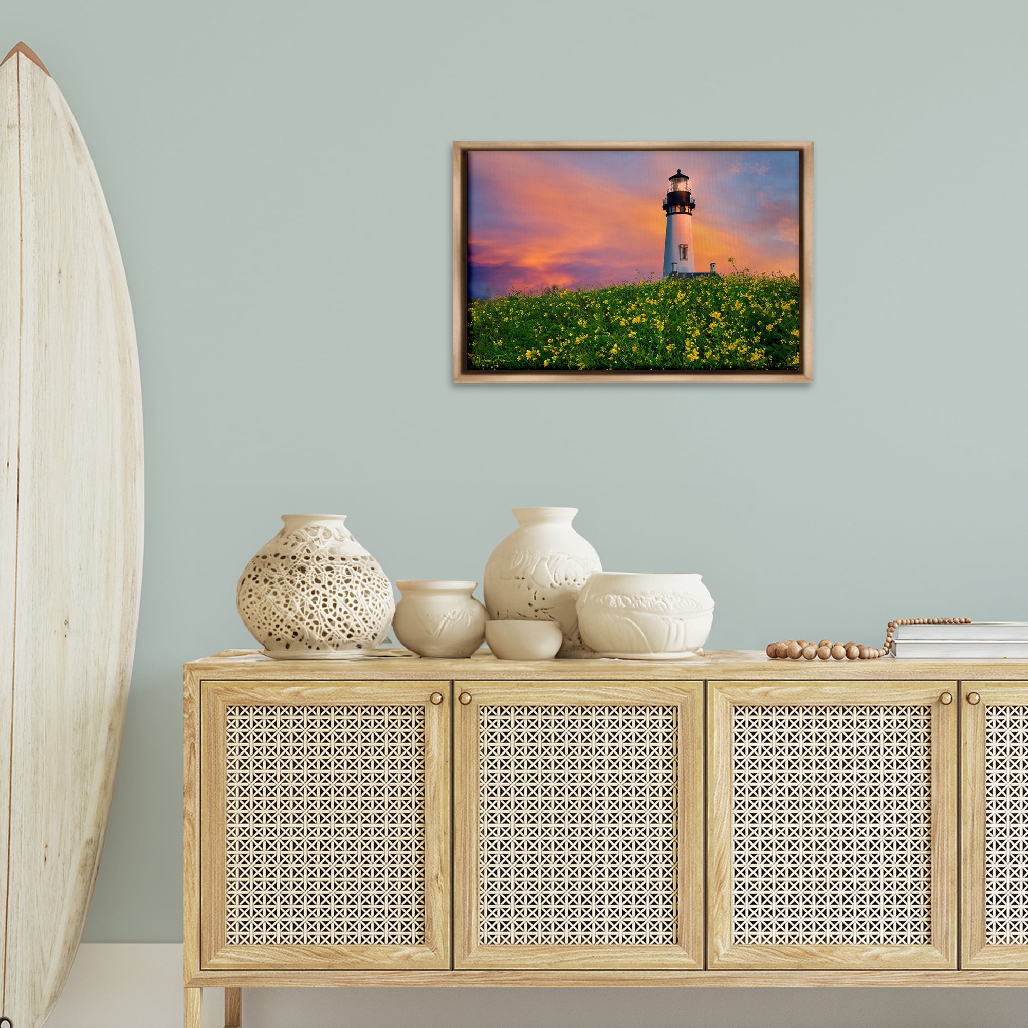 Stupell Industries Lighthouse & Floral Meadow Coastal Photography Brown Floater Framed Canvas Art Print Wall Art, 25 x 17